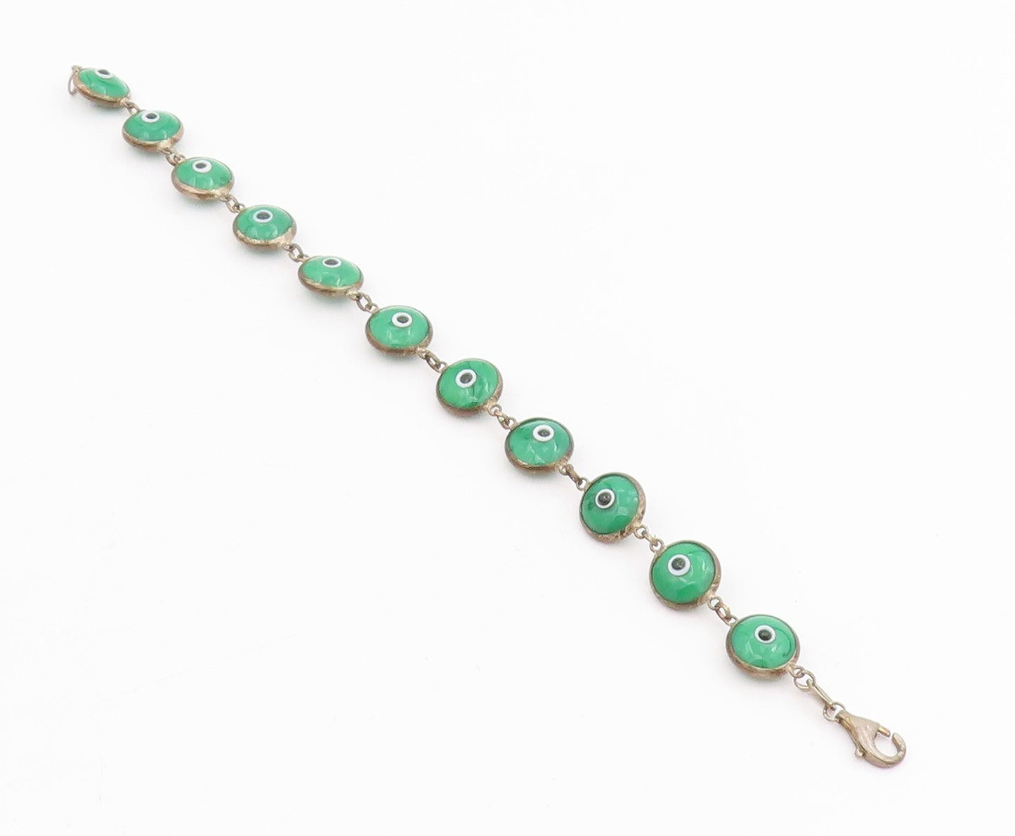925 Sterling Silver Vintage Bracelet Green Evil Eye Design Link Chain  BT11556