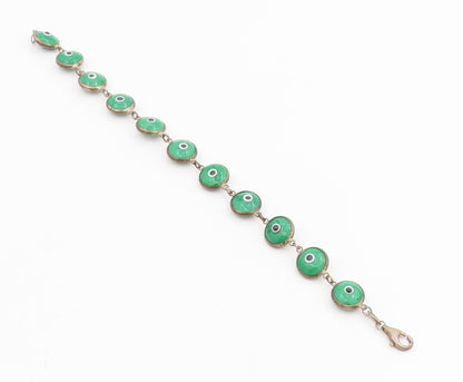 925 Sterling Silver Vintage Bracelet Green Evil Eye Design Link Chain  BT11556