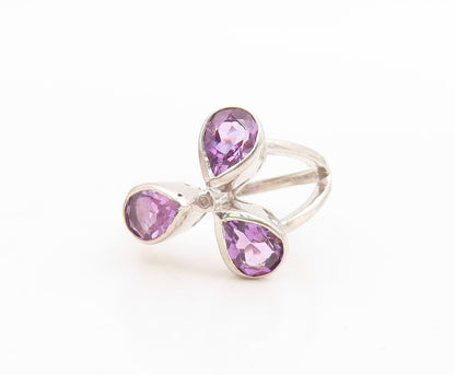 925 Sterling Silver Vintage Ring Three Stone Amethyst Floral Petal Sz 7 RG36184