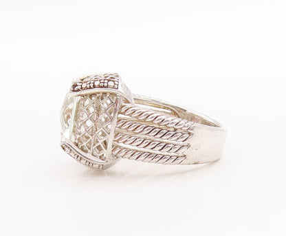 925 Sterling Silver Vintage Ring Square Green Amethyst Carved Roped Sz 7 RG29360