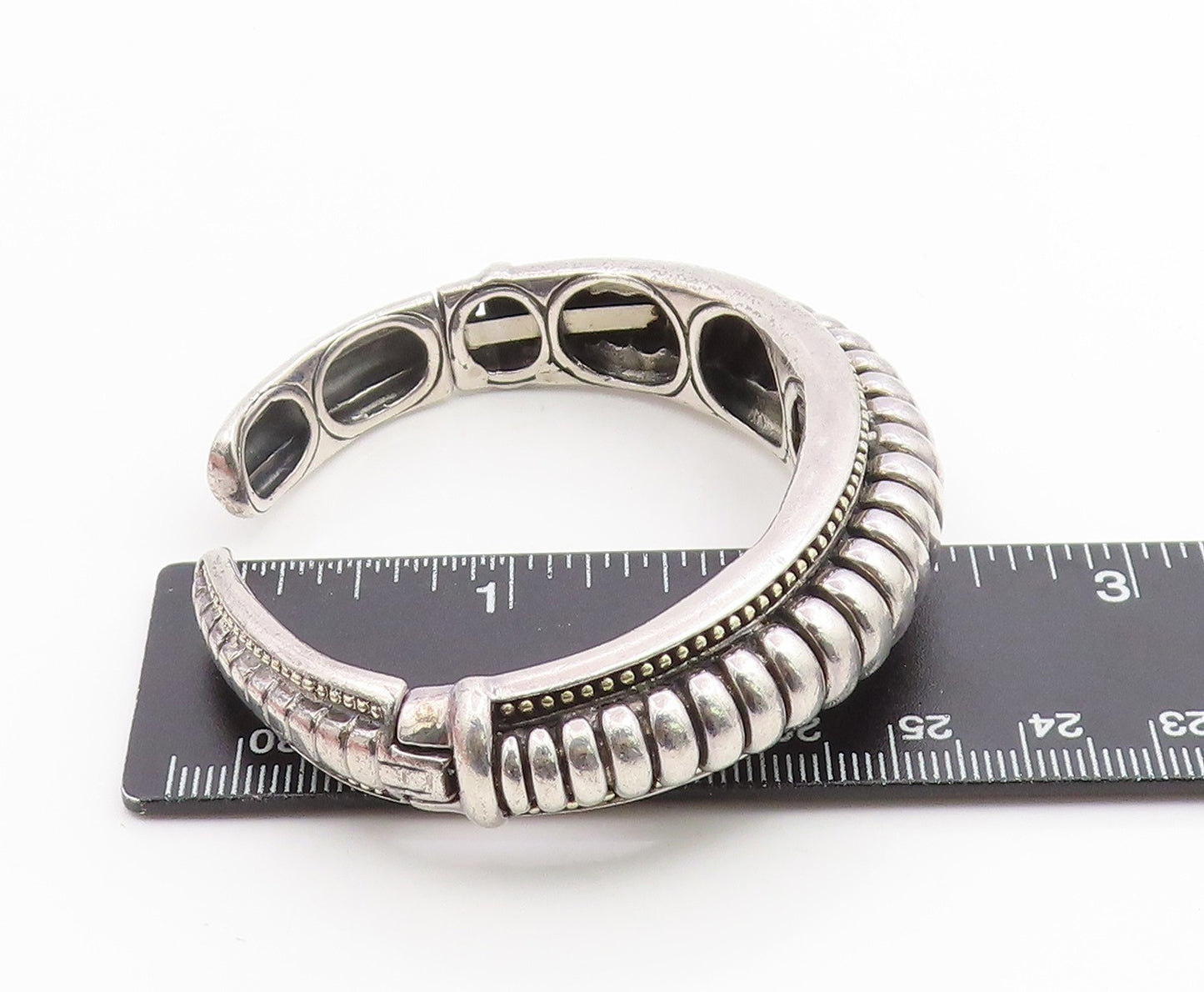 925 Sterling Silver Vintage Bracelet Modernist Solid Ribbed Beaded Cuff  BT12014