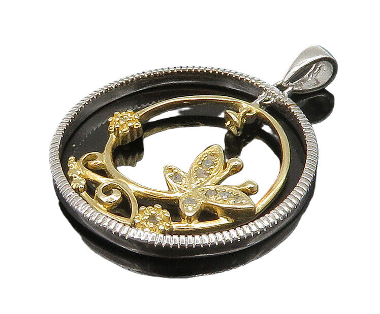 925 Sterling Silver  Vintage Genuine Diamonds 2 Tone Butterfly Pendant PT19122