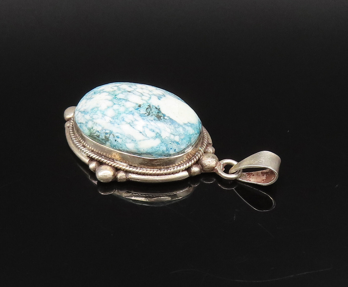 925 Silver  Vintage Bead & Rope Edge Cabochon Blue Spot Jasper Pendant PT21866