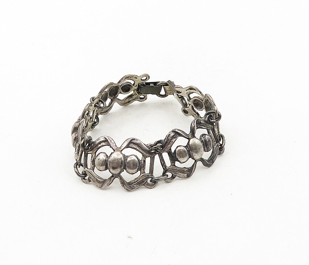 925 Sterling Silver  Vintage Dark Tone Swirl Bow Link Chain Bracelet  BT4046