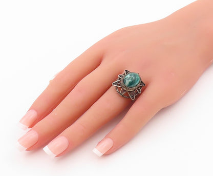 925 Sterling Silver Vintage Ring Dark Tone Gemstone Sun Cutout  SZ 8  RG32181