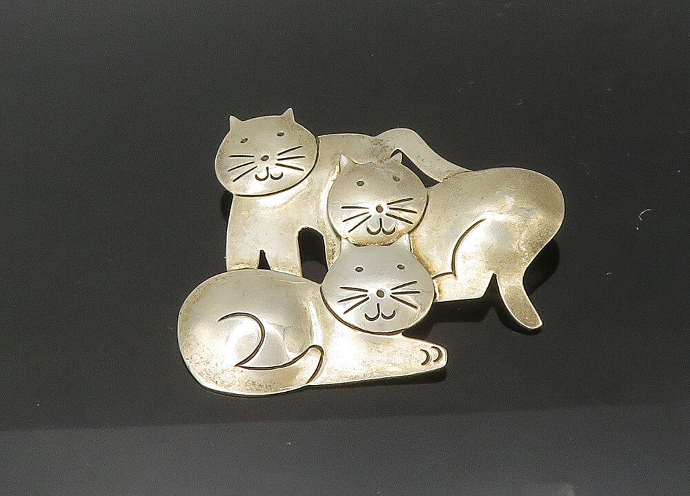 MEXICO 925 Sterling Silver  Vintage Shiny Cat Family Love Brooch Pin  BP8811