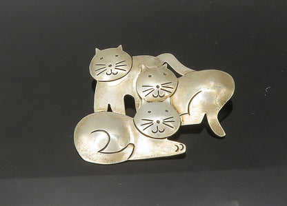 MEXICO 925 Sterling Silver  Vintage Shiny Cat Family Love Brooch Pin  BP8811