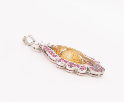 925 Sterling Silver Vintage Pendant Leaf Carved Citrine Ruby Inlay Frame PT22849