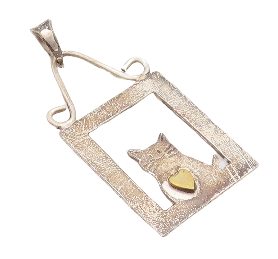 925 Sterling Silver Vintage Pendant MEXICO Framed Cat With Heart  PT23356