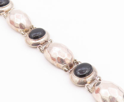 925 Sterling Silver Vintage Bracelet Black Onyx Hammered Puffy Dome Link BT12186