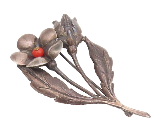 925 Sterling Silver Vintage Brooch Pin Antique 3D Carved Coral Flower  BP10784