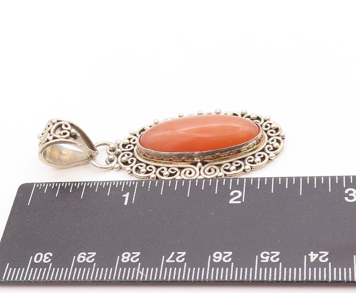 925 Sterling Silver Vintage Pendant BALI Carnelian Halo Swirly Cutouts  PT24196