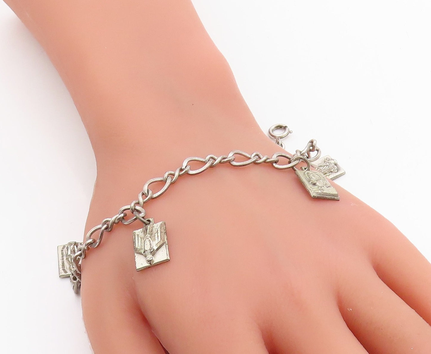 925 Sterling Silver Vintage Bracelet Carved Religious Dangling Charms  BT11501