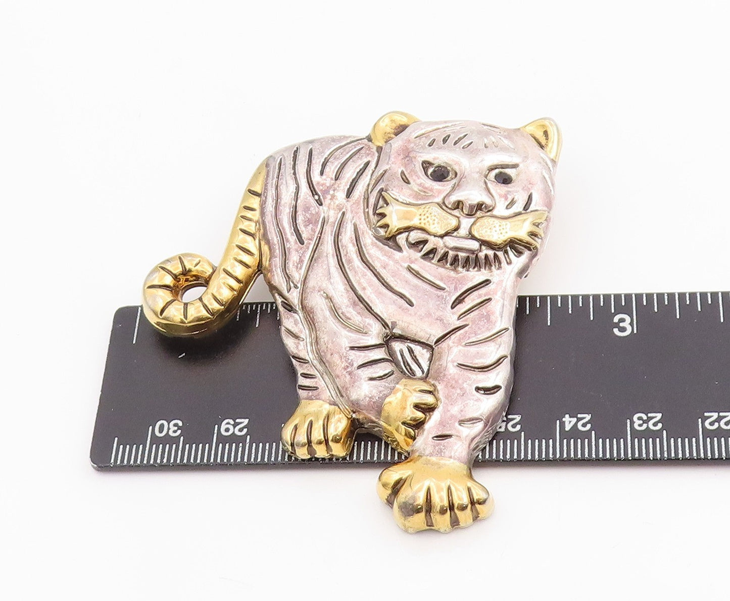 925 Sterling Silver Vintage Brooch Etched Two Tone Roaring Tiger Pin  BP11991