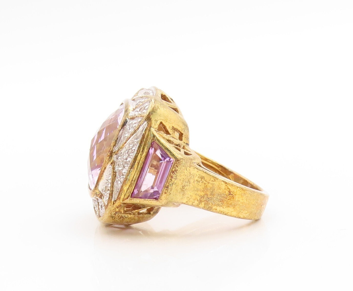 925 Sterling Silver Vintage Ring Gold Plated Diamonds & Amethyst  Sz 7.5 RG30626