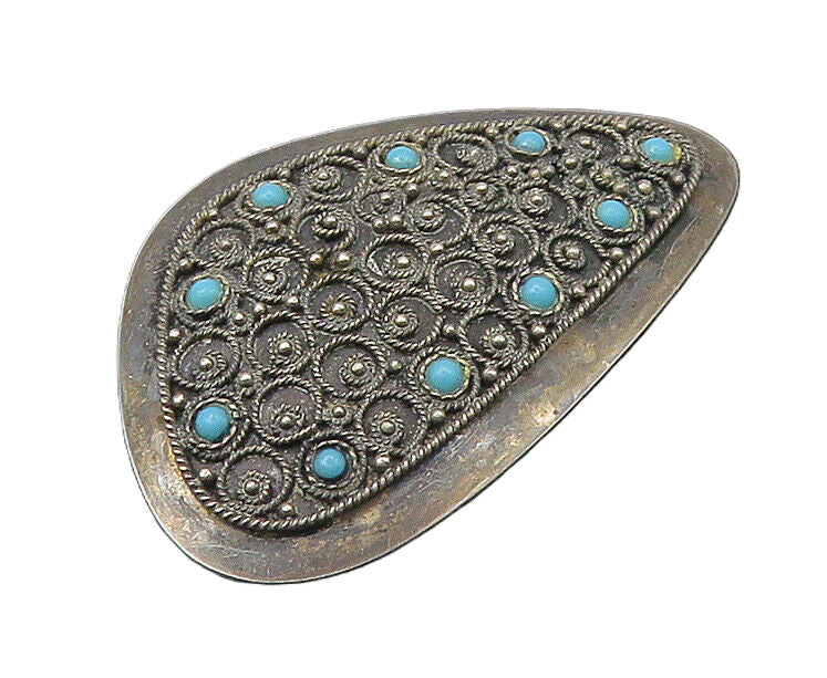ISRAEL 925 Silver  Vintage Antique Turquoise Ornate Twist  Brooch Pin  BP8690