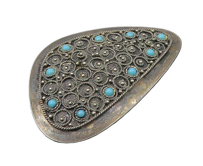 ISRAEL 925 Silver  Vintage Antique Turquoise Ornate Twist  Brooch Pin  BP8690