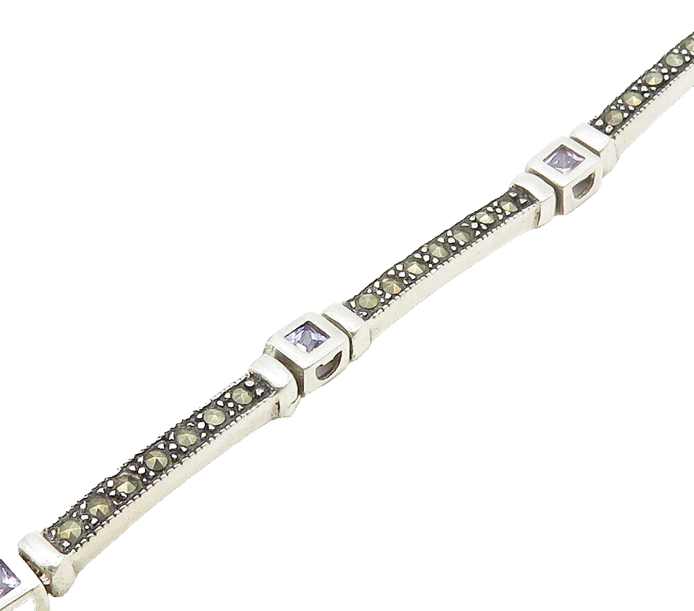 925 Sterling Silver   Cubic Zirconia & Marcasite Bar Chain Bracelet  BT6411