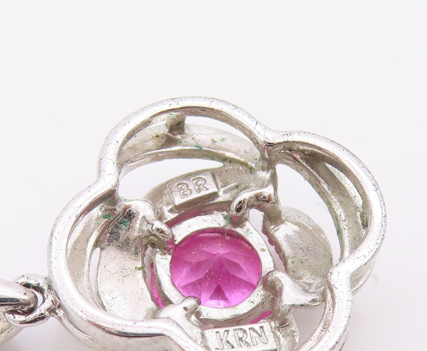 925 Sterling Silver Vintage Pendant Modernist Pink Topaz Floral Charm  PT26328