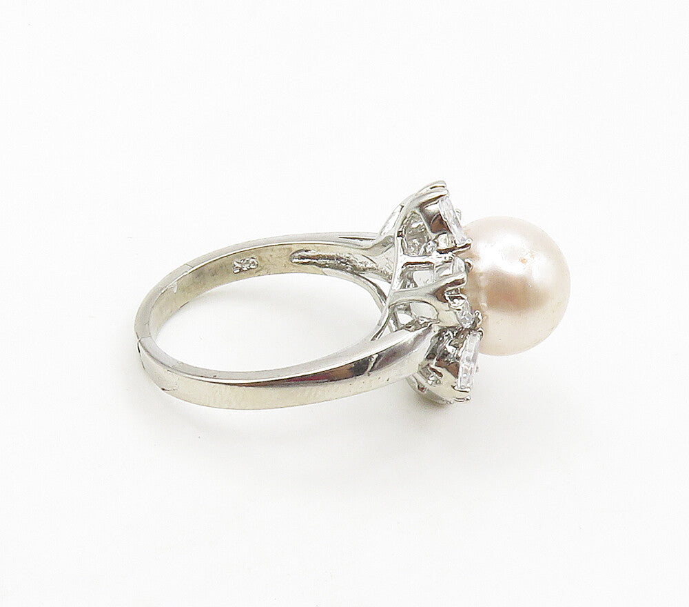925 Sterling Silver  Pearl & Topaz Flower Motif Cocktail Ring Sz 7  RG15640