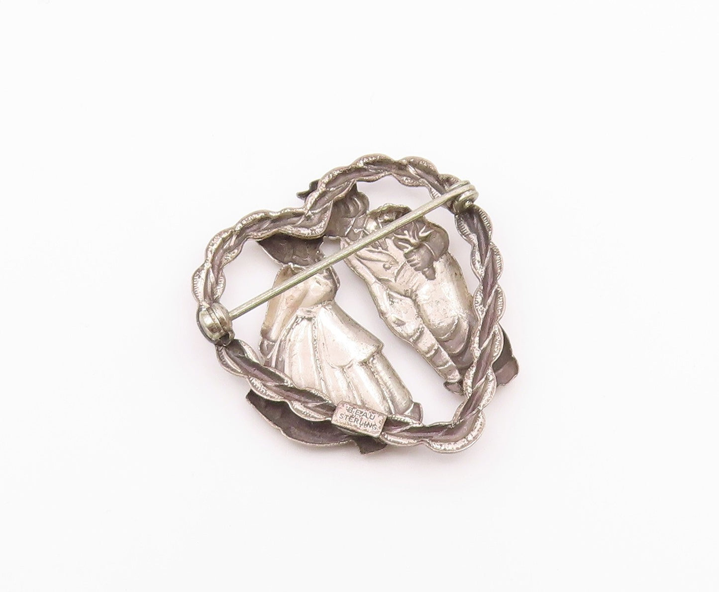 BEAU 925 Silver  Vintage Antique Kissing Couple Love Heart Brooch Pin  BP9439