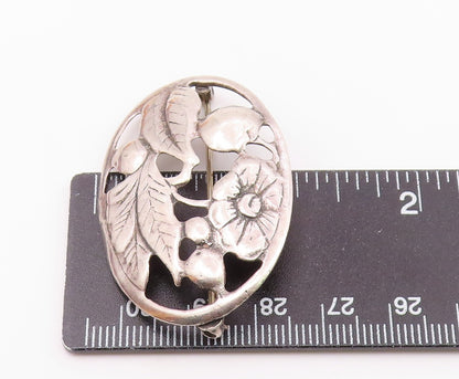 925 Sterling Silver  Vintage Shiny Floral Motif Oval Brooch Pin  BP8599