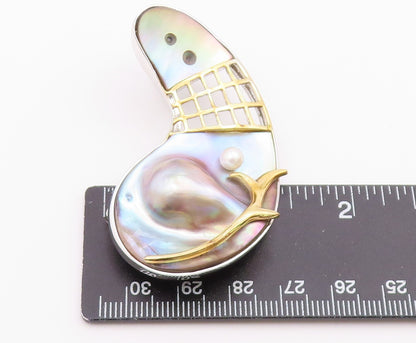 925 Silver  Vintage Two Tone Modernist MOP & Cultured Pearl Brooch Pin  BP9912