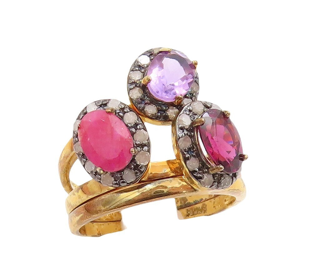 925 Sterling Silver Vintage Ring Gold Plated Diamonds & Gemstones  Sz 8  RG30536