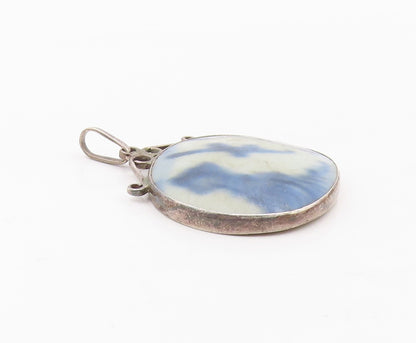 925 Sterling Silver  Vintage Chinese Ceramic Art Dark Tone Pendant  PT13380