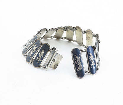 SIAM 925 Sterling Silver  Vintage Black Niello Dancer Chain Bracelet  BT2692
