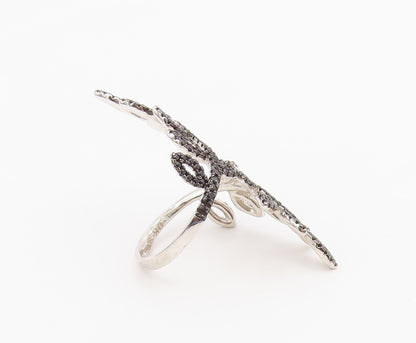 925 Sterling Silver Vintage Ring Elegant Black Spinel Leaf Bypass  Sz 9  RG36637