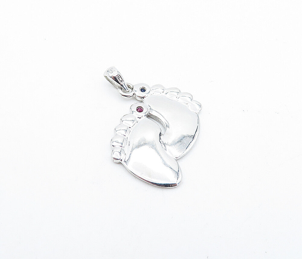 925 Sterling Silver  Pink & Blue Topaz Foot Prints Motif Drop Pendant  PT2796