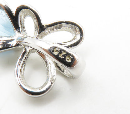 925 Sterling Silver  Blue Topaz Love Heart Shiny Ribbon Bow Pendant  PT11622