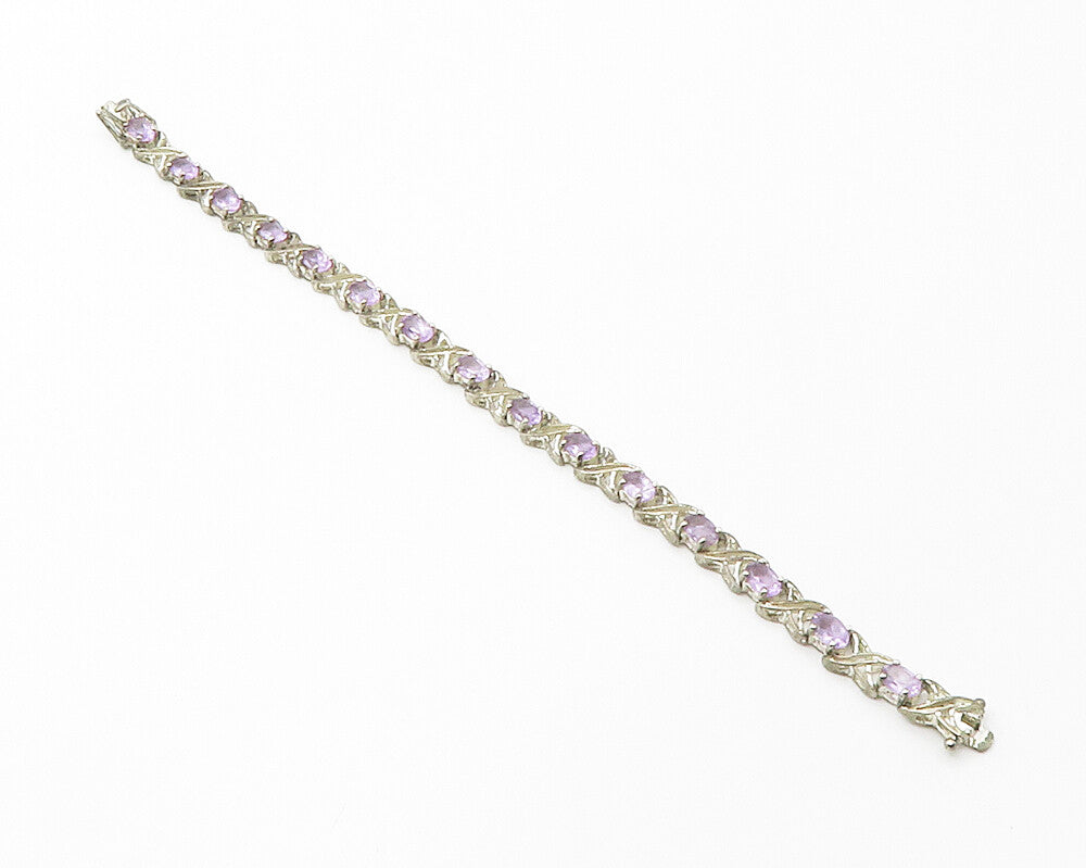 925 Sterling Silver  Vintage Amethyst XO Hugs & Kisses Chain Bracelet  BT5752