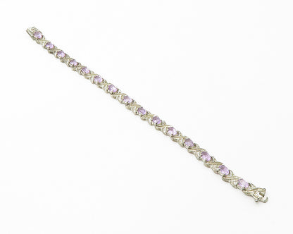 925 Sterling Silver  Vintage Amethyst XO Hugs & Kisses Chain Bracelet  BT5752