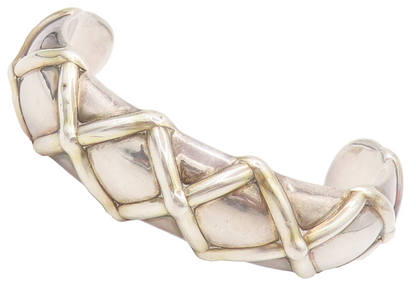 925 Sterling Silver Vintage Bulged Checks Cross Solid Cuff Bracelet BT9966