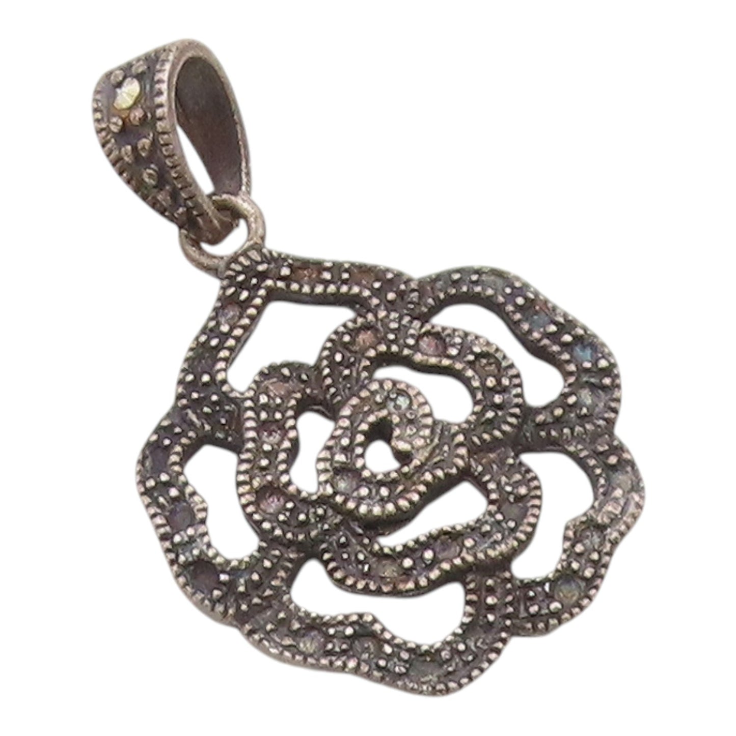 925 Sterling Silver  Vintage Oxidized Open Flower Motif Drop Pendant  PT8598