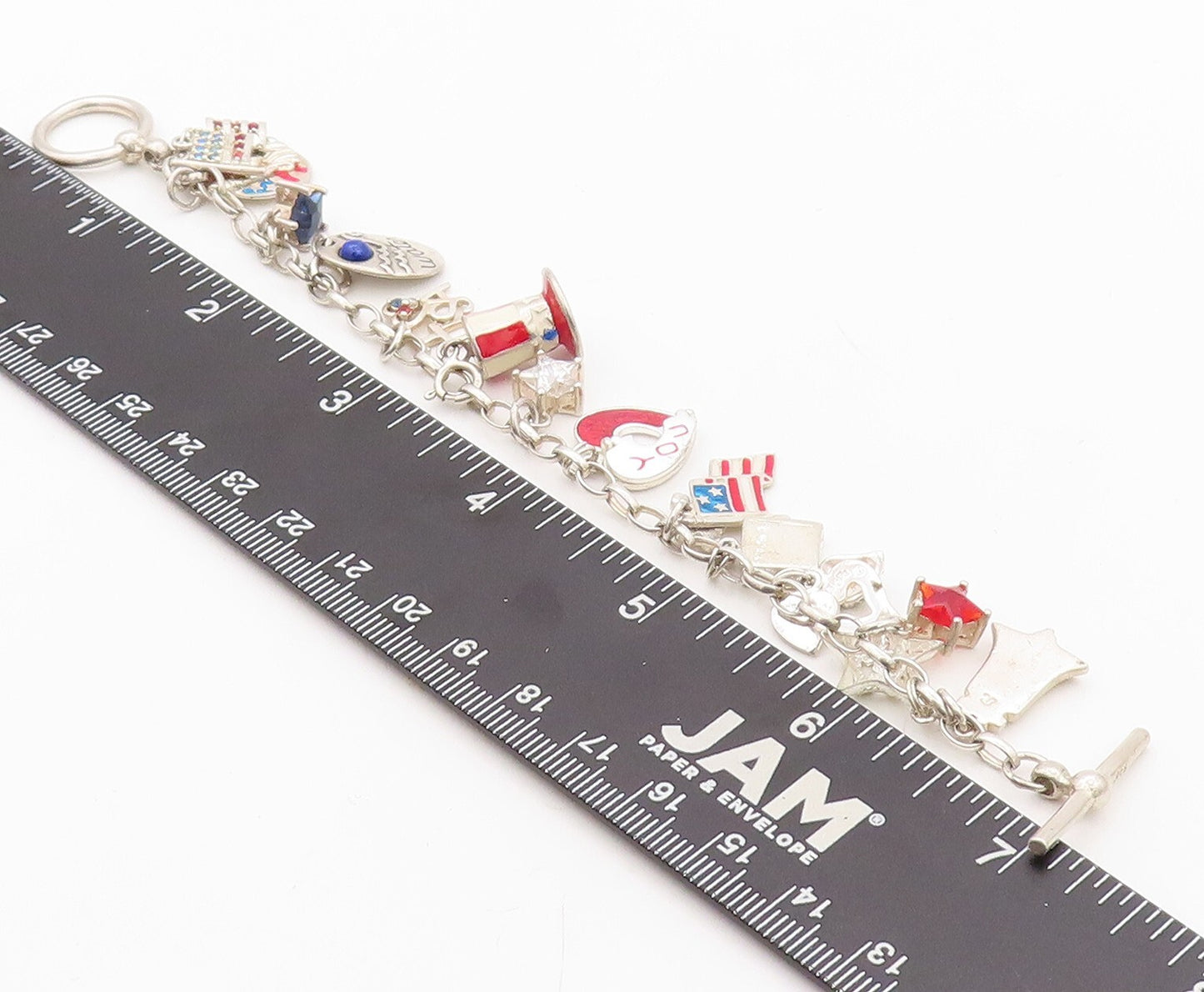 925 Sterling Silver Vintage Bracelet Dangling USA Charm Topaz Inlay  BT10805