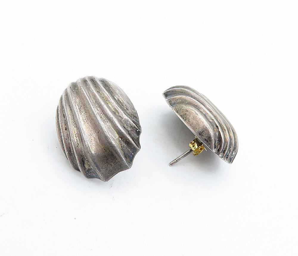 925 Sterling Silver  Vintage Dark Tone Scalloped Hollow Drop Earrings  EG2396