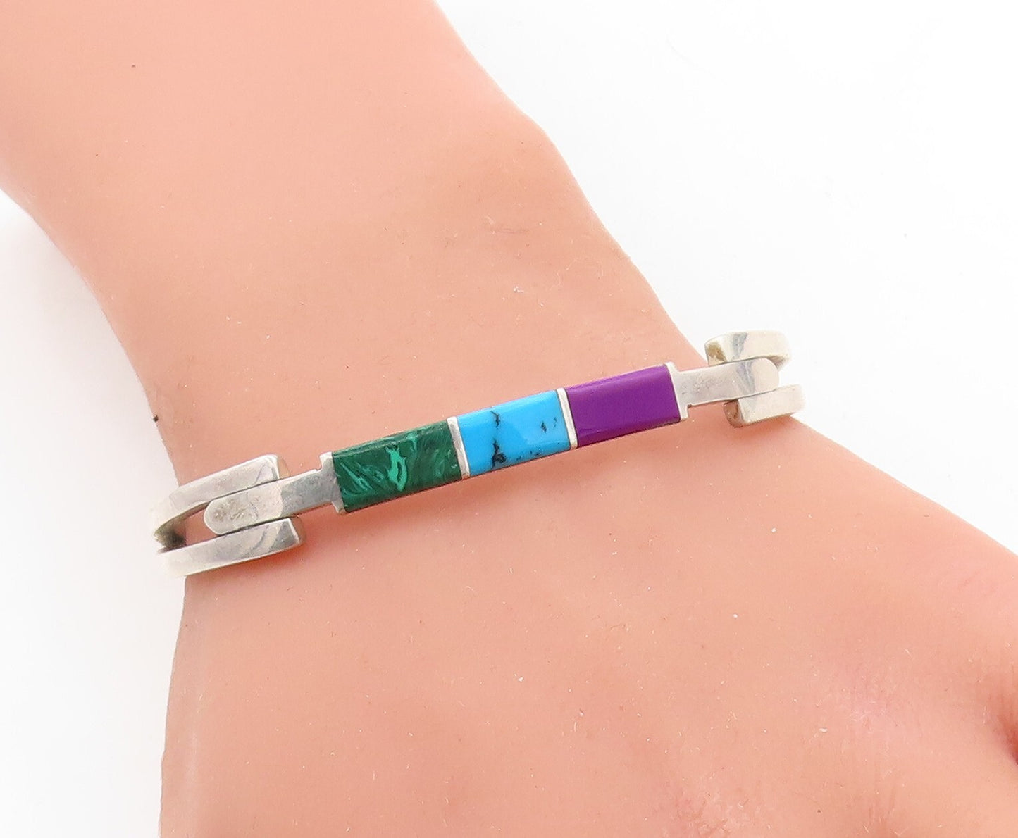 MEXICO 925 Silver Vintage Malachite Turquoise & Sugilite Bracelet BT2518