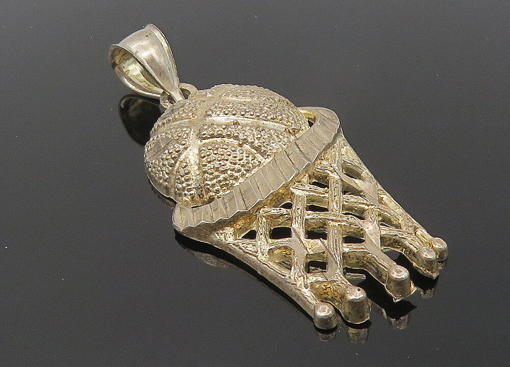 925 Sterling Silver  Vintage Diamond Cut Basketball & Hoop Pendant  PT9140