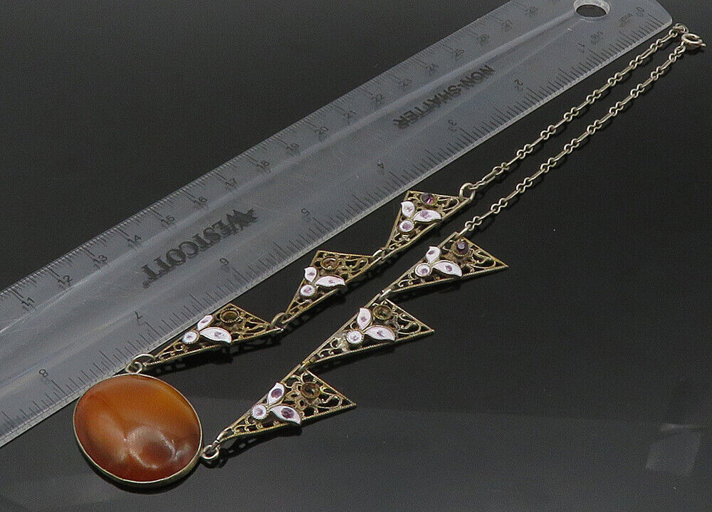 925 Silver  Vintage Antique Tiger's Eye & Amethyst Chain Necklace  NE3572