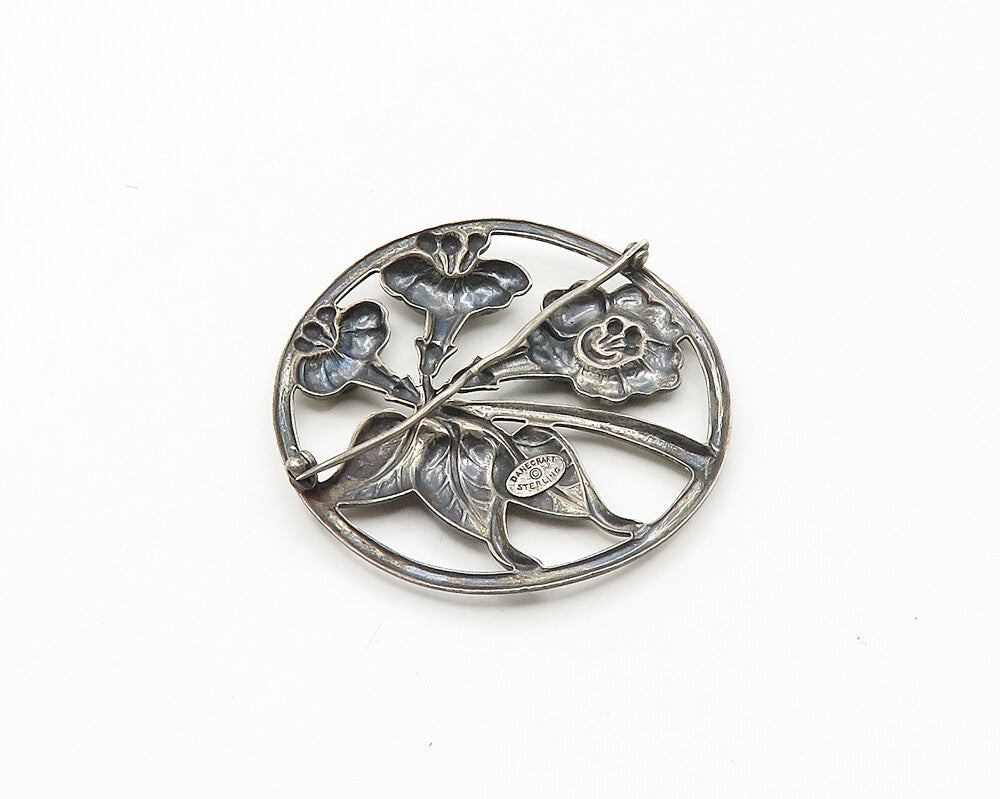 DANECRAFT 925 Silver  Vintage Dark Tone Floral Motif Round Brooch Pin  BP7027