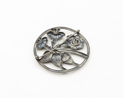 DANECRAFT 925 Silver  Vintage Dark Tone Floral Motif Round Brooch Pin  BP7027