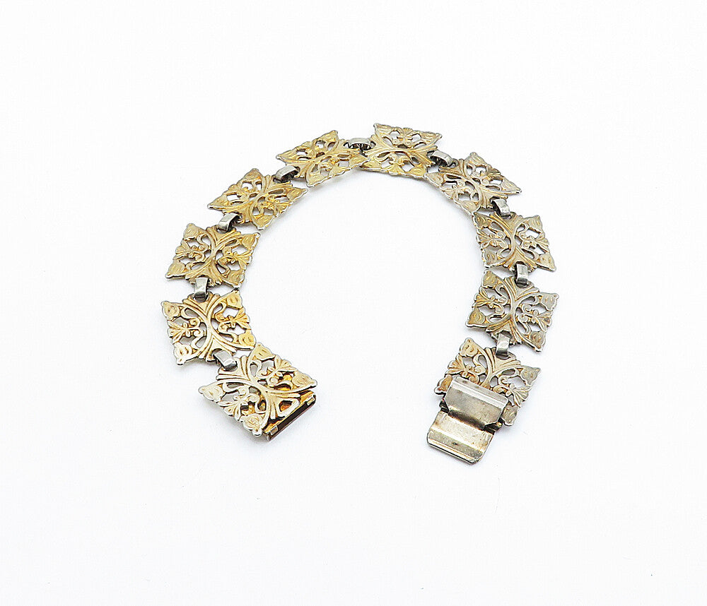 925 Sterling Silver  Vintage Dark Tone Floral Swirl Chain Bracelet  BT2237