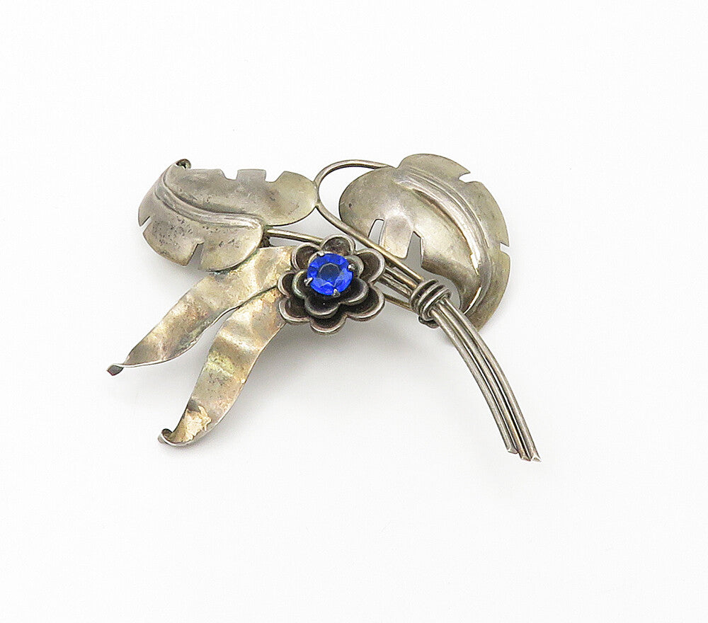 HARRY ISKIN 925 Sterling Silver  Vintage Blue Topaz Floral Brooch Pin  BP6605