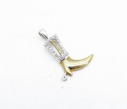 925 Sterling Silver  Topaz Shiny Two Tone Cowboy Boot Motif Pendant  PT4438