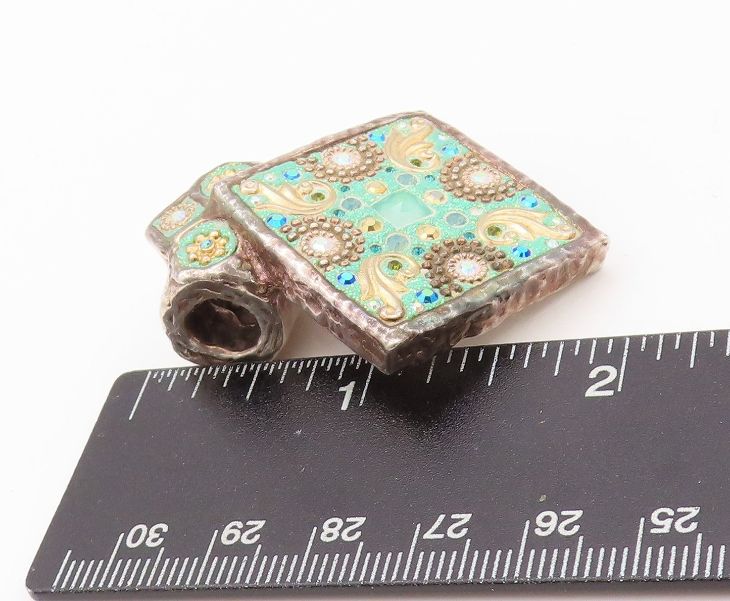 925 Sterling Silver Vintage Pendant Designer Enameled Rhinestones Inlay  PT24008