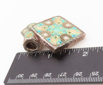 925 Sterling Silver Vintage Pendant Designer Enameled Rhinestones Inlay  PT24008