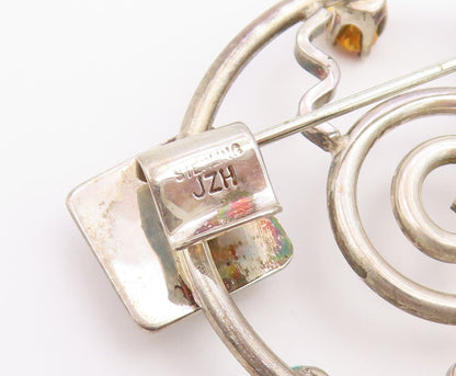 925 Sterling Silver Vintage Brooch Pin Multi Gemstone Geometric Galaxy  BP12649